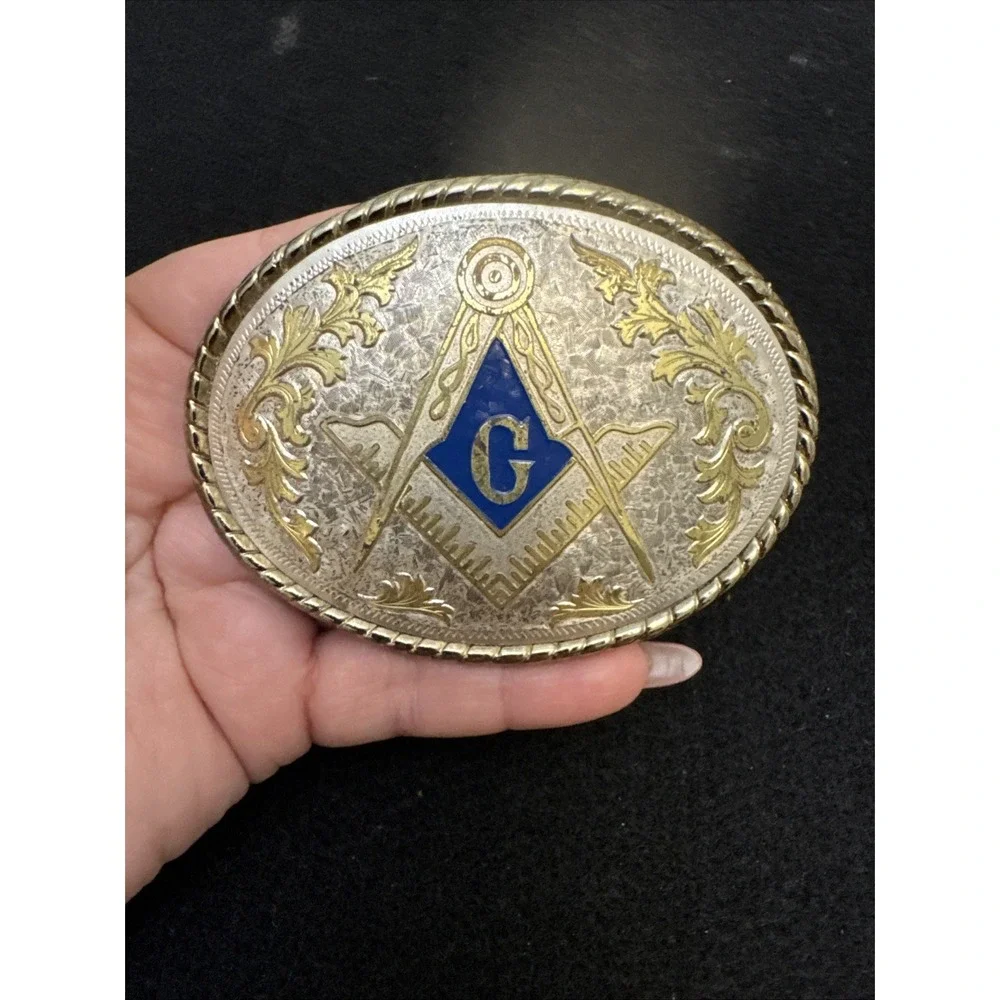 Vintage Masonic Belt Buckle Oval Gold Silver Tone Blue Freemason USA Made